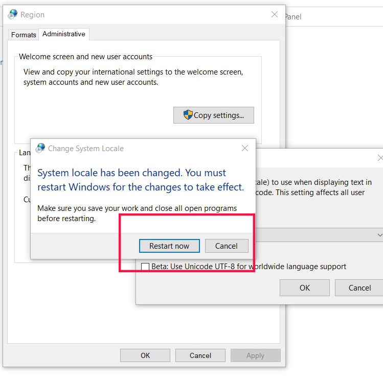 change to thai and willbe popup to restart computer and press Restart now button