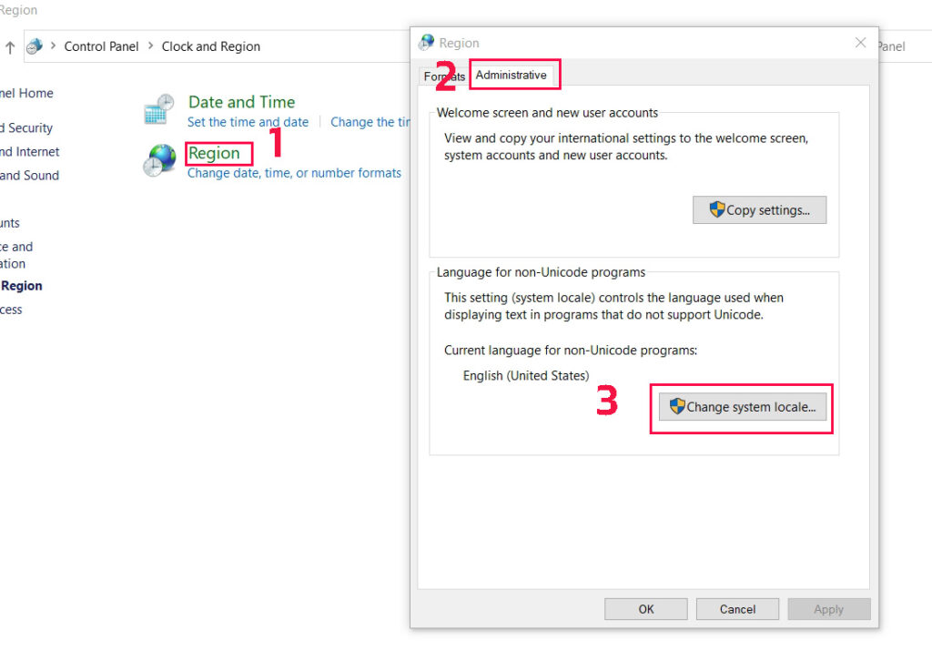 click-Region-and-select-tab-Admistrative-change system locale..