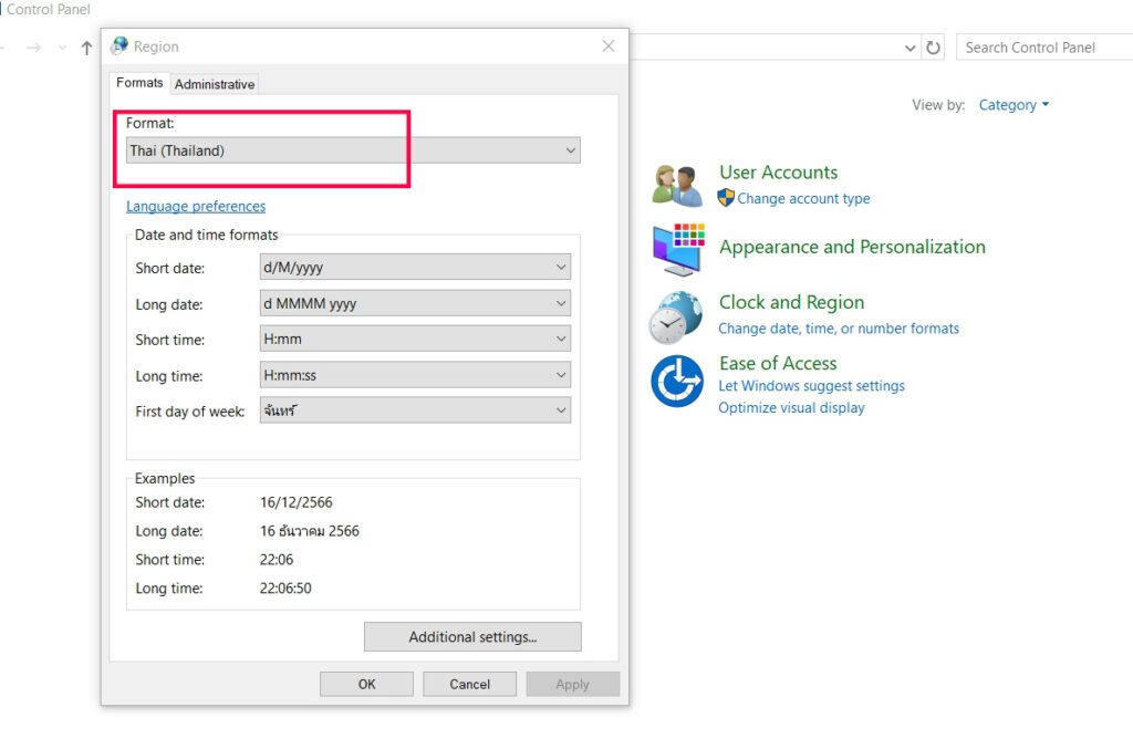 click-Region-and-select-tab-Fomats-to-Thai(Thaniland)