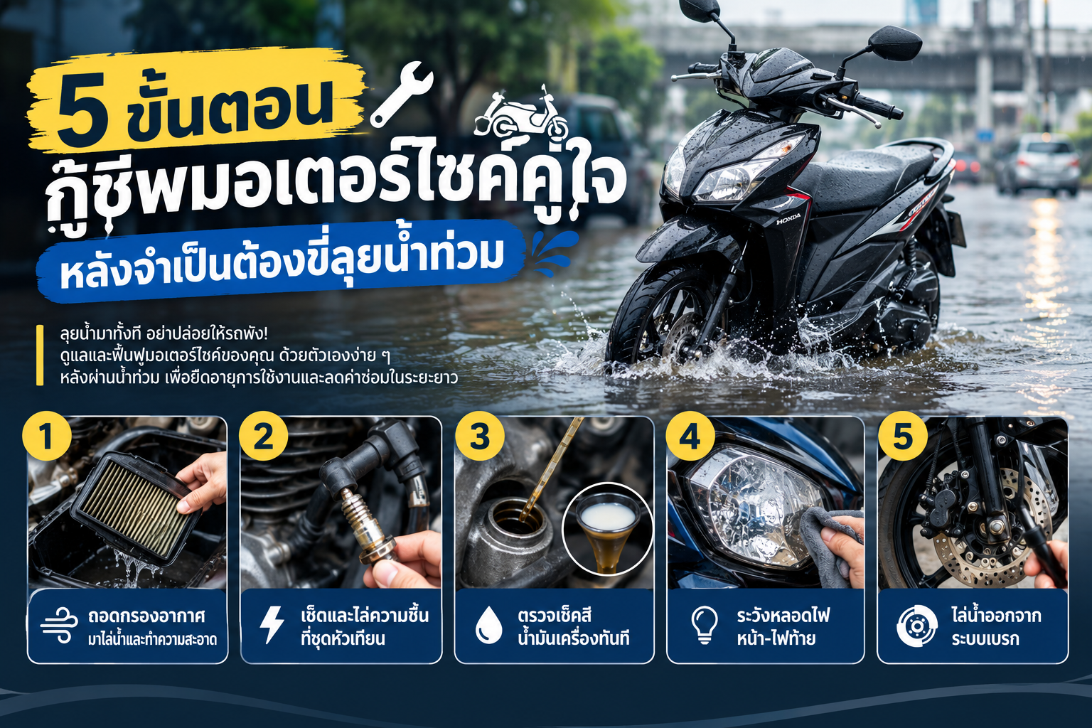 5 ขั้นตอนกู้ชีพมอเตอร์ไซค์คู่ใจ หลังจำเป็นต้องขี่ลุยน้ำท่วม